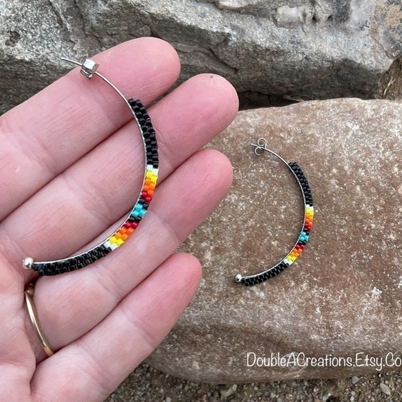 Black with Native Colors Bead Half Hoops, New, Handmade By Me - Picture 5 of 11
